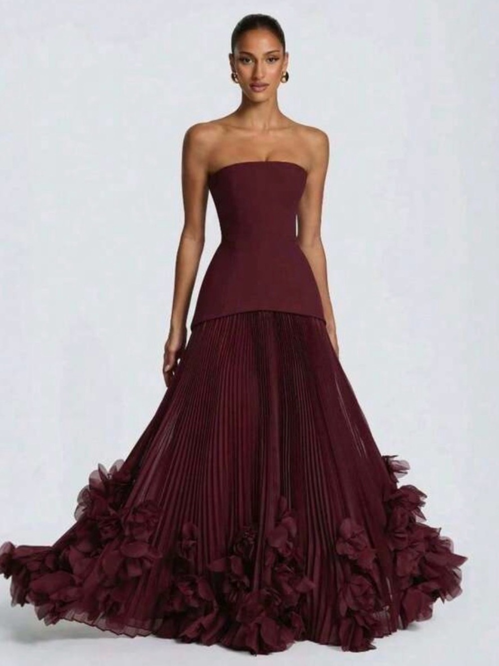 Strapless Burgundy Pleated Ball Gown Dress